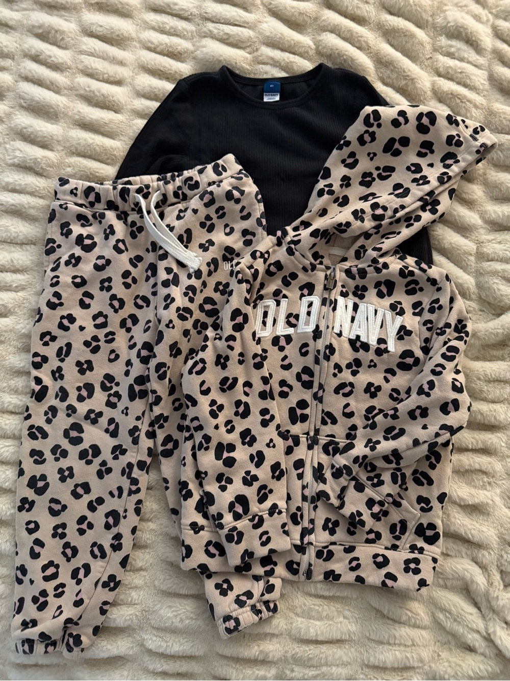 Old Navy Beige Leopard Print Zip Hoodie & Joggers Set with Black Top